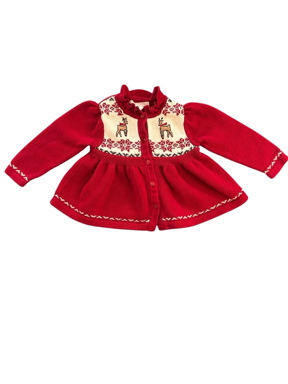 Janie & Jack Reindeer Smile Red Cotton Holiday Christmas Cardigan 18-24 Months